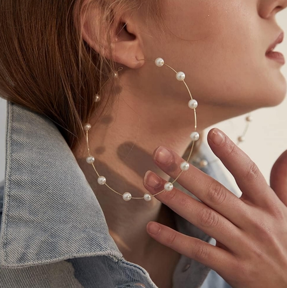 Huge 5" Pearl Gold Hoops Thin Oversized Hoop Statement Earrings New Bohemian - Picture 9 of 10